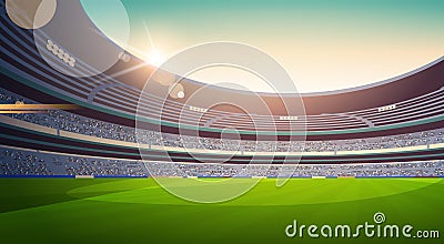 Empty football stadium field view sunset flat horizontal Vector Illustration