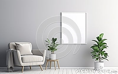 Empty frame on the Gray wall with copy space in the living room with a white armchair decorated with rug, green indoor plants Stock Photo