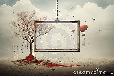 an empty frame hanging from a tree with blood on it Stock Photo
