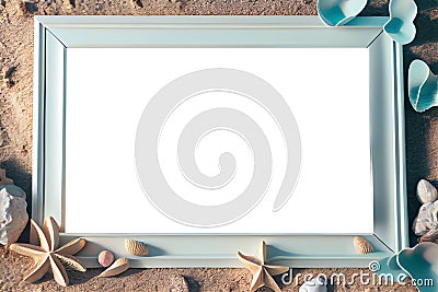 Empty frame mockup among seashells and sand. AI Generated. Template for design or advertising Stock Photo