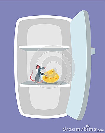 Empty fridge and mouse with cheese inside it. Nasty rat rodent eating foot in the refrigerator. Vector Illustration