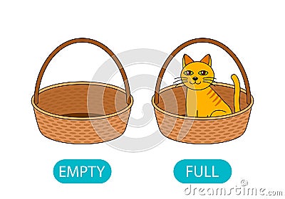 Empty and full basket with a cat. the concept of teaching children the opposite adjective Vector Illustration