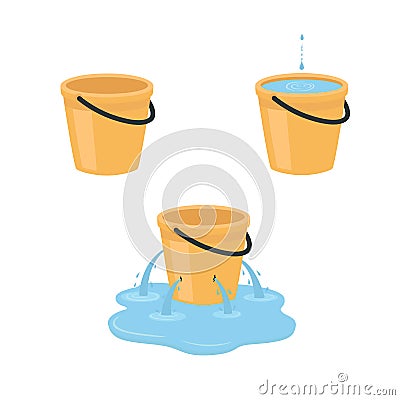 Empty, full, leaking bucket. Vector illustration isolated on white background. Vector Illustration