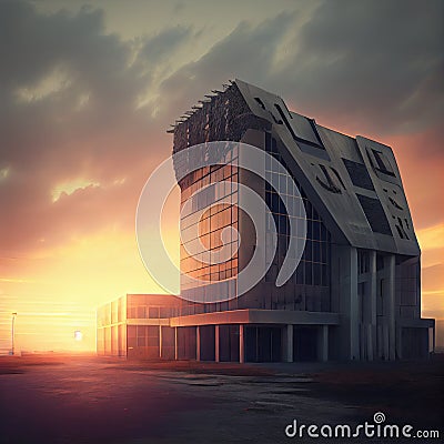 empty futuristic huge building at dawn in postapocalyptic city Stock Photo