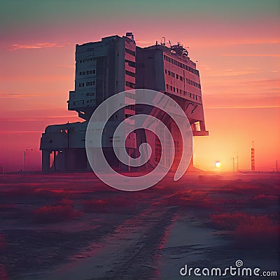 empty futuristic huge building at dawn in postapocalyptic city Stock Photo