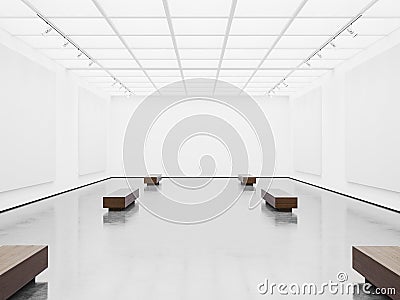 Empty gallery interior with white canvas. 3d Stock Photo