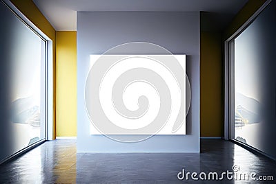 Empty gallery room with windows and clear picture frame sample on light gray wall Stock Photo