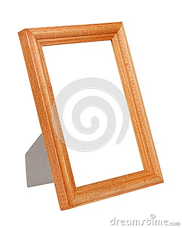 Empty ginger wooden photo frame on stand isolated on white background Stock Photo