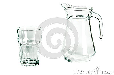 An empty glass glass and a carafe for water stand on a white background Stock Photo