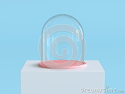 Empty glass dome with pastel pink tray on white podium with pastel blue background. Kids theme. 3D rendering. Stock Photo