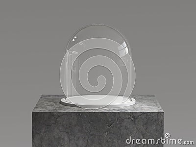 Empty glass dome with white tray on concrete podium. 3D rendering. Stock Photo