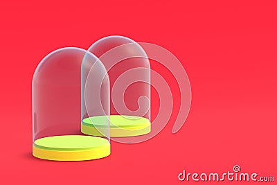 Empty glass domes on red background. Transparent flask. Copy space Stock Photo
