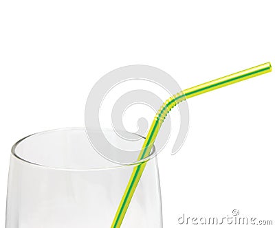 Empty Glass Drinking straw macro isolated, yellow Stock Photo