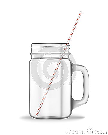 Empty glass mason jar with handle and drinking straw isolated on white, realistic vector illustration Vector Illustration