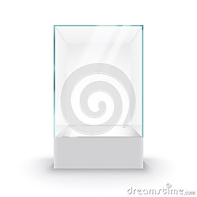 Empty Glass Showcase on pedestal. Museum glass box isolated advertising or business design boutique Vector Illustration