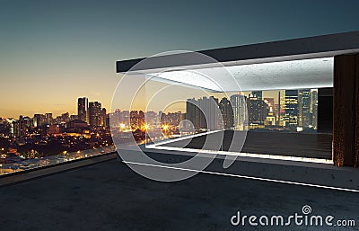 Empty glass wall balcony with city skyline view . Night scene Stock Photo