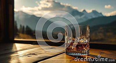 an empty glass of whisky and mountains Stock Photo