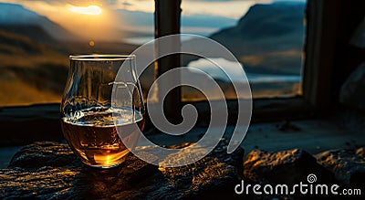 an empty glass of whisky and mountains Stock Photo