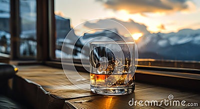 an empty glass of whisky and mountains Stock Photo
