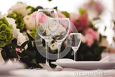 Empty glasses set in restaurant Stock Photo