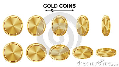 Empty Gold Coins Vector Set. Realistic Template Illustration. Flip Different Angles. Blank Money Front Side. Investment Vector Illustration