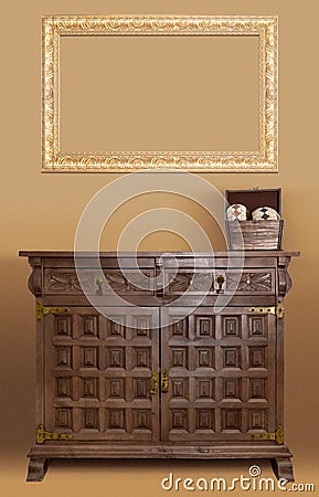 Empty golden frame on top of an oak buffet furniture Stock Photo