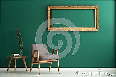 Empty golden frame on wall Stock Photo