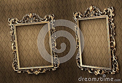 Empty golden frames on the wall. Royal Stock Photo