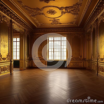 Empty golden room, room with golden walls, floor and ceiling without furniture, Stock Photo