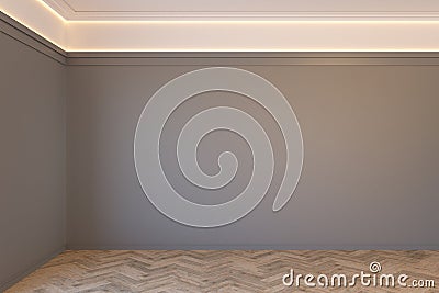 Empty gray interior with blank wall, mouldings, ceiling backlit and wooden chevron parquet floor. Cartoon Illustration