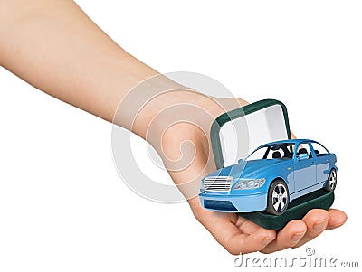 Empty green ring box with blue car in humans hand Stock Photo