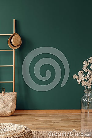 Empty green wall in elegant natural interior with wooden ladder and glass vase with flower Stock Photo