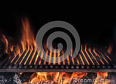 Empty grill grate and tongues of fire flame. Barbeque night background Stock Photo