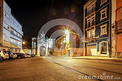Empty, historic street of Lisbon during the night Stock Photo