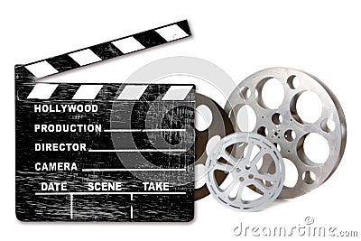 Empty Hollywood Film Canisters and Clapper on Whit Stock Photo