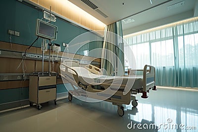 Empty hospital bed intended for hospitalized patients. Stock Photo
