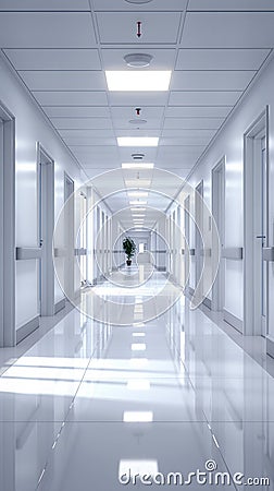 Empty hospital hallway photographed in serene, quiet atmosphere Stock Photo