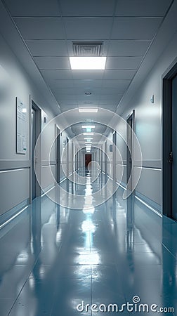 Empty hospital hallway photographed in serene, quiet atmosphere Stock Photo