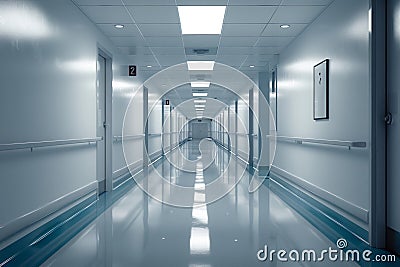 Empty hospital hallway photographed in serene, quiet atmosphere Stock Photo