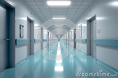 Empty hospital hallway photographed in serene, quiet atmosphere Stock Photo