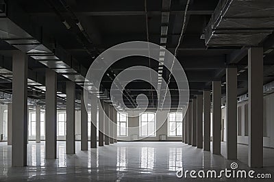 Empty huge open space in old factory building with rows of columns, big windows and pipes on the ceiling Stock Photo