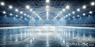 Empty illuminated indoor skating rink arena ready for an event. Generative AI Stock Photo