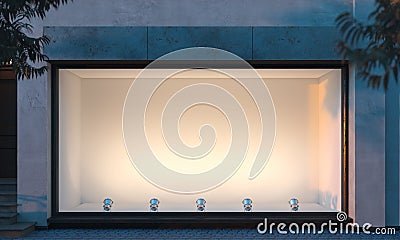 Empty illuminated storefront. night time. 3d rendering. Copy space. Empty space. Stock Photo