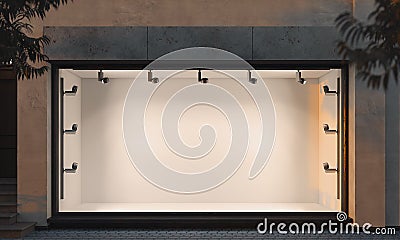 Empty illuminated storefront. night time. 3d rendering. Copy space. Empty space. Stock Photo