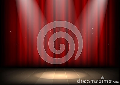 Empty illuminated theatre stage with red curtains and spotlight Vector Illustration