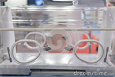 Empty infant incubator in an hospital room. Nursery incubator in hospital. Box for carrying premature babies Stock Photo