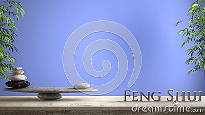 Empty interior design concept zen idea, wooden vintage table or shelf with marble stone balance and 3d letters making the word fen Stock Photo