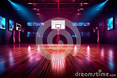 empty interior modern hall neon background basketball virtual indoor corridor game arena. Generative AI. Stock Photo