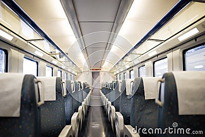 Empty interior of a passenger train car aka coach or carriage . Rows of unoccupied seats and folding tables in economy Stock Photo