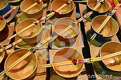 empty japanese wooden bowls and chopsticks for noodles Stock Photo